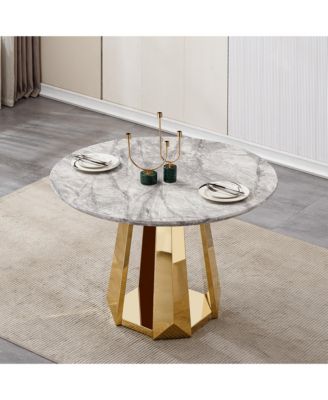 47" Round Faux Marble Dining Table, Gold Base