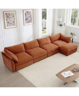 L-Shaped 4-Seat Sectional Sofa w/ Ottoman, Crescent Arms, Chenille Orange