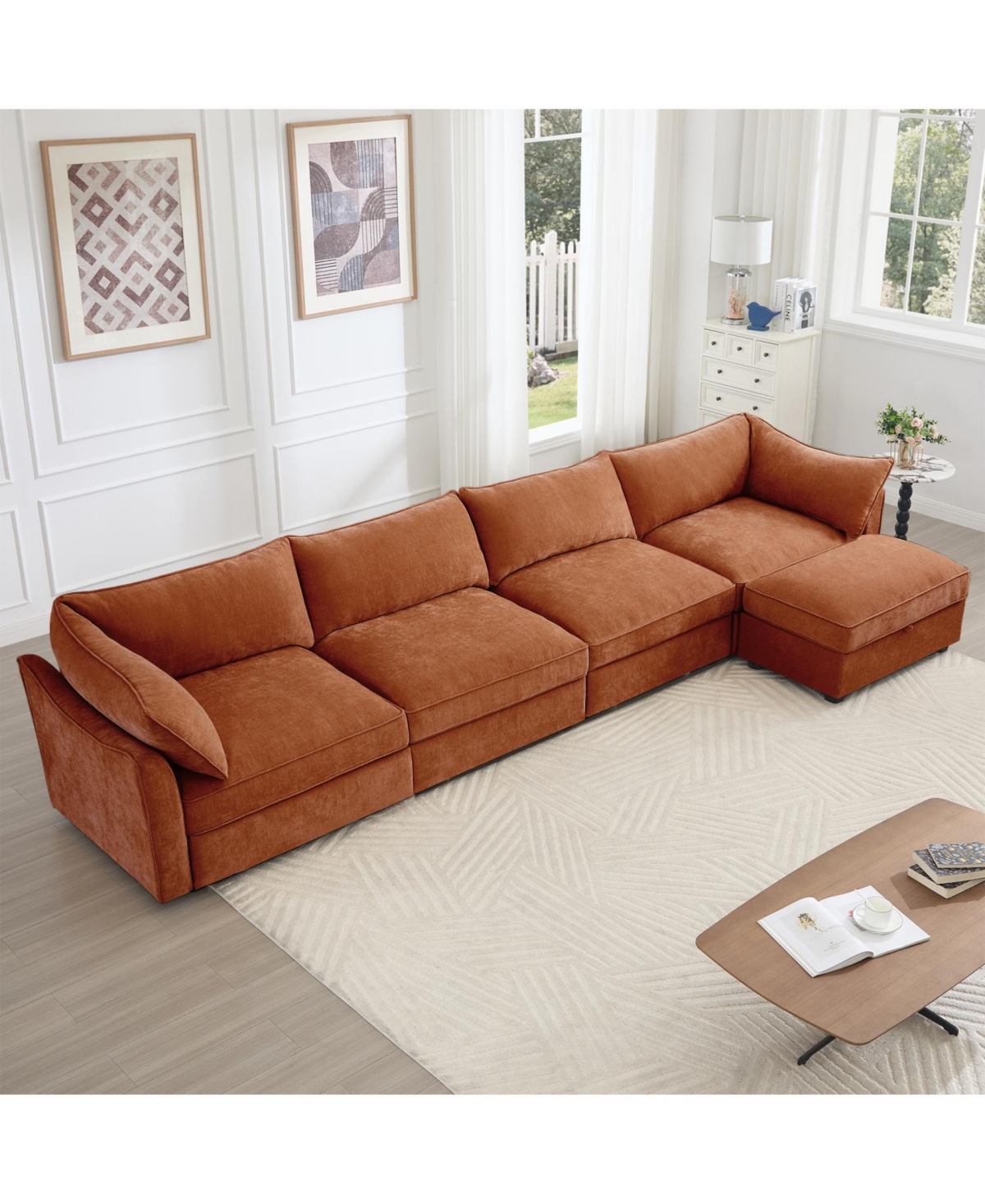 Streamdale Furniture L-Shaped 4-Seat Sectional Sofa w/ Ottoman, Crescent Arms, Chenille Orange