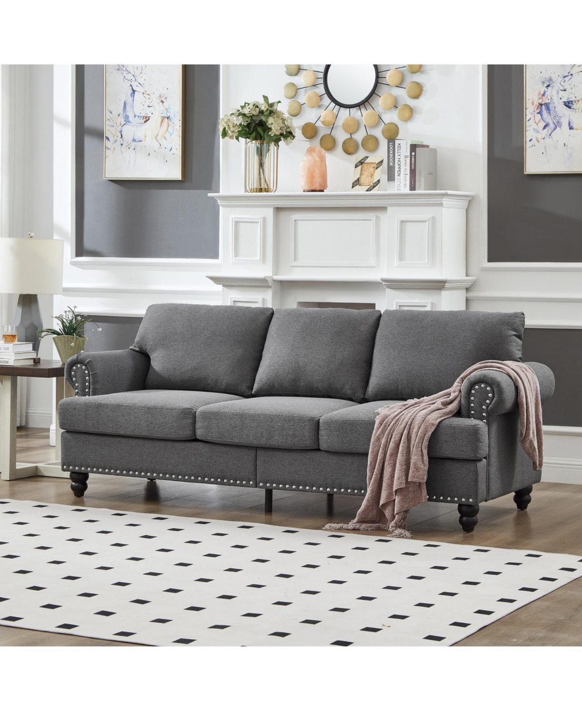 Streamdale Furniture 83" Modern Grey Sofa with Nailhead Trim