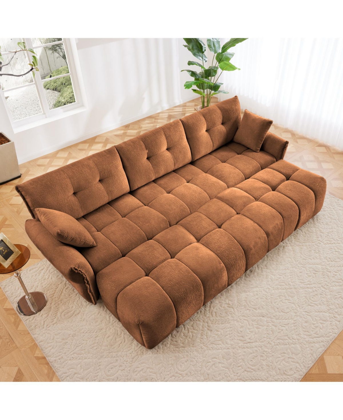 Streamdale Burnt Orange 3-Seater Chenille Sofa Set with Ottomans & Pillows