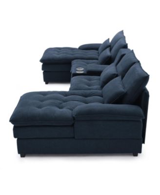 130" U-Shaped Sofa with Console, Cupholders, Sleeper & Chaise (Blue)