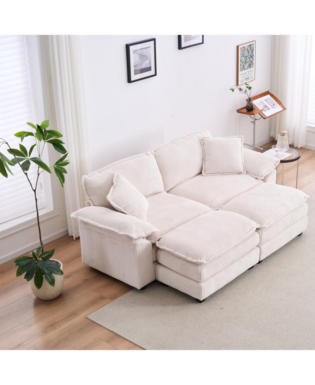 Streamdale Furniture Corduroy 2-Seat Sofa with Pillows & Ottomans - White