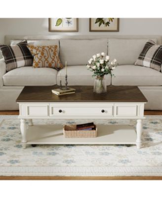 Streamdale Farmhouse Coffee Table - Drawer, Wheels, Solid Wood Legs