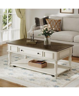 Streamdale Farmhouse Coffee Table - Drawer, Wheels, Solid Wood Legs