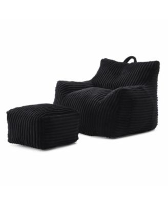 Giant Plush Bean Bag Chair w/ Footstool - Comfy Black Lounge Sofa