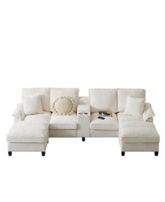 120" Corduroy Sectional Sofa Bed w/Storage, Cup Holders