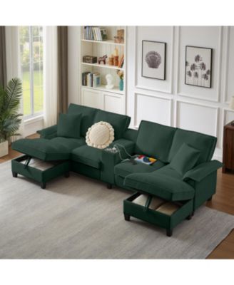 120" Corduroy Sectional Sofa Bed with Storage, U-Shape, Green
