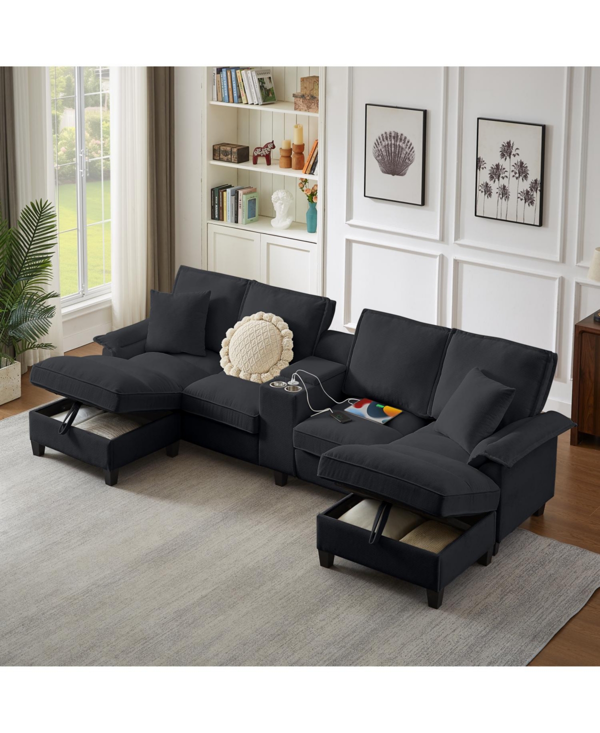 Streamdale Furniture Corduroy Sectional Sofa Bed w/Storage, U-Shape, 4-Seater, Cup Holders
