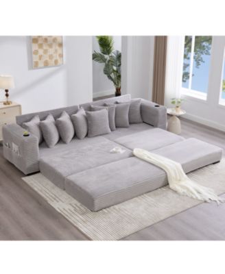 Corduroy L-Shaped Sectional Sofa w/ Ottoman, Pillows & Cup Holders - Light Gray