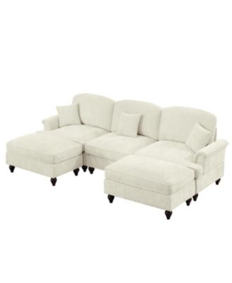 Comfy Modular U-Shape Chenille Sectional Sofa with Ottomans - Beige White