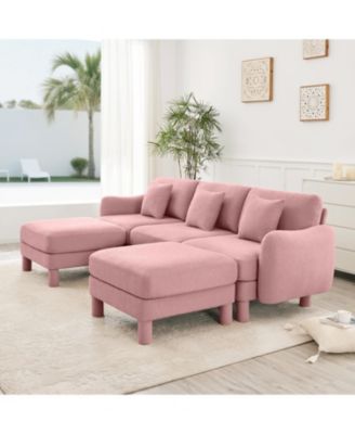 Pink Boucle U-Shape Sectional Sofa with Shell Armrests & Ottomans
