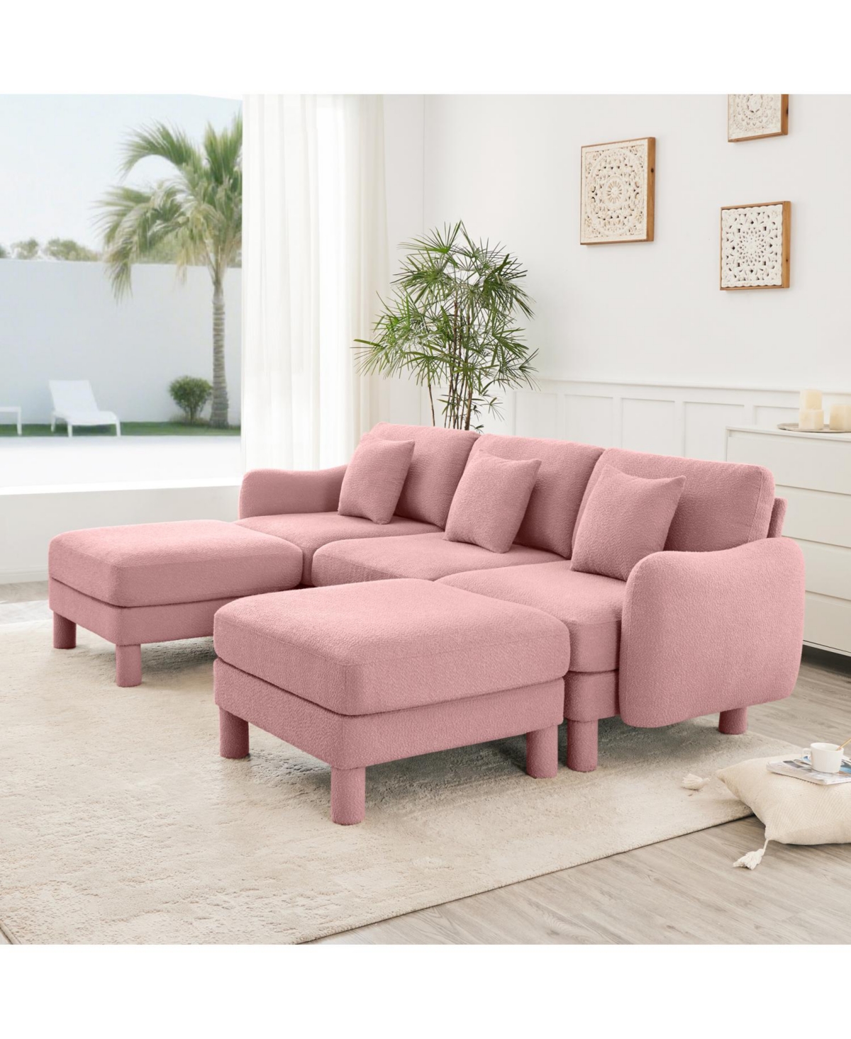 Streamdale Furniture Pink Boucle U-Shape Sectional Sofa with Shell Armrests & Ottomans