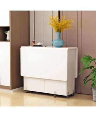 Folding Drop Leaf Dining Table with Wheels & Storage - White