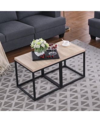 Oak End Table Set (2) - Wood & Metal Nightstand