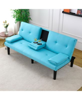 67" Blue PVC Sofa Bed - Foldable with Cup Holder