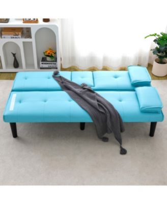67" Blue PVC Sofa Bed - Foldable with Cup Holder