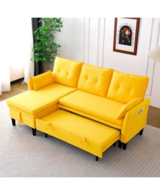  L-Shaped Sectional Sofa w/ Storage - Yellow Cotton-Linen