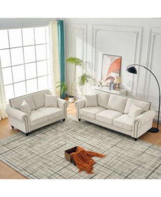Streamdale Modern 3+2 Seater Chenille Sofa, Rolled Arms, Nailhead Trim - Beige