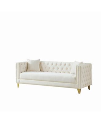 80" Chesterfield Velvet Sofa, 3-Seater, Button Nailhead, Beige