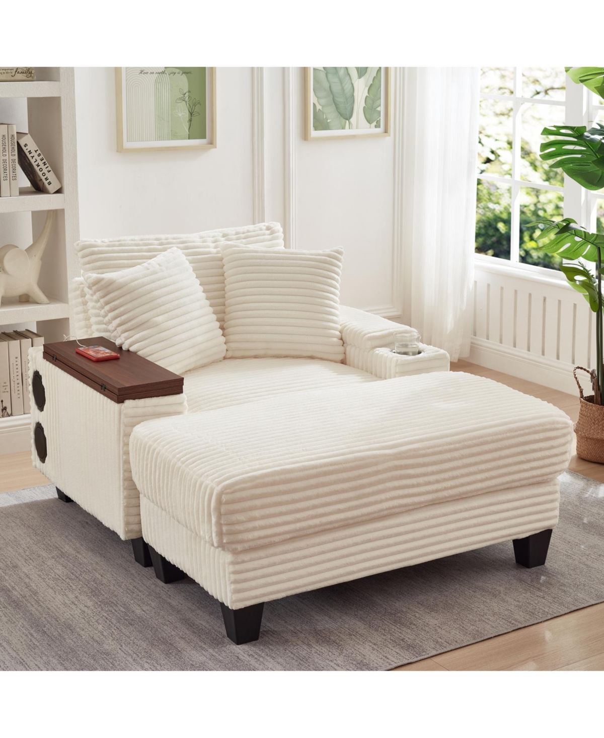 Streamdale Furniture Corduroy Sofa Bed with Ottoman, Bluetooth, Usb, Rotating Table