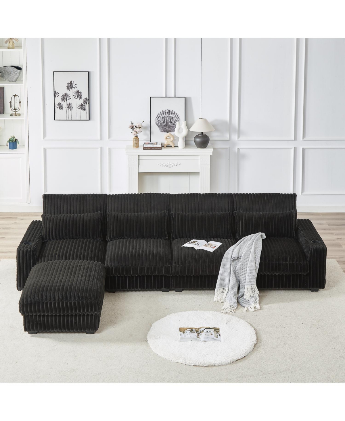 Streamdale Furniture Corduroy L-Shaped Sofa w/ Cup Holder, Usb, Pillows & Movable Footrest