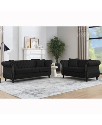  80" Black Velvet Chesterfield Sofa, Tufted 3 Seater Couch