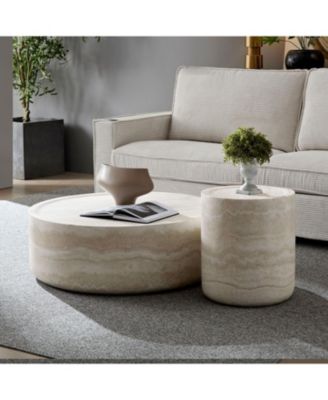  Faux Travertine Coffee Tables - Set of 2, Round, No Assembly