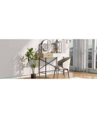 White Vanity Desk with Mirror, Charger, and Storage