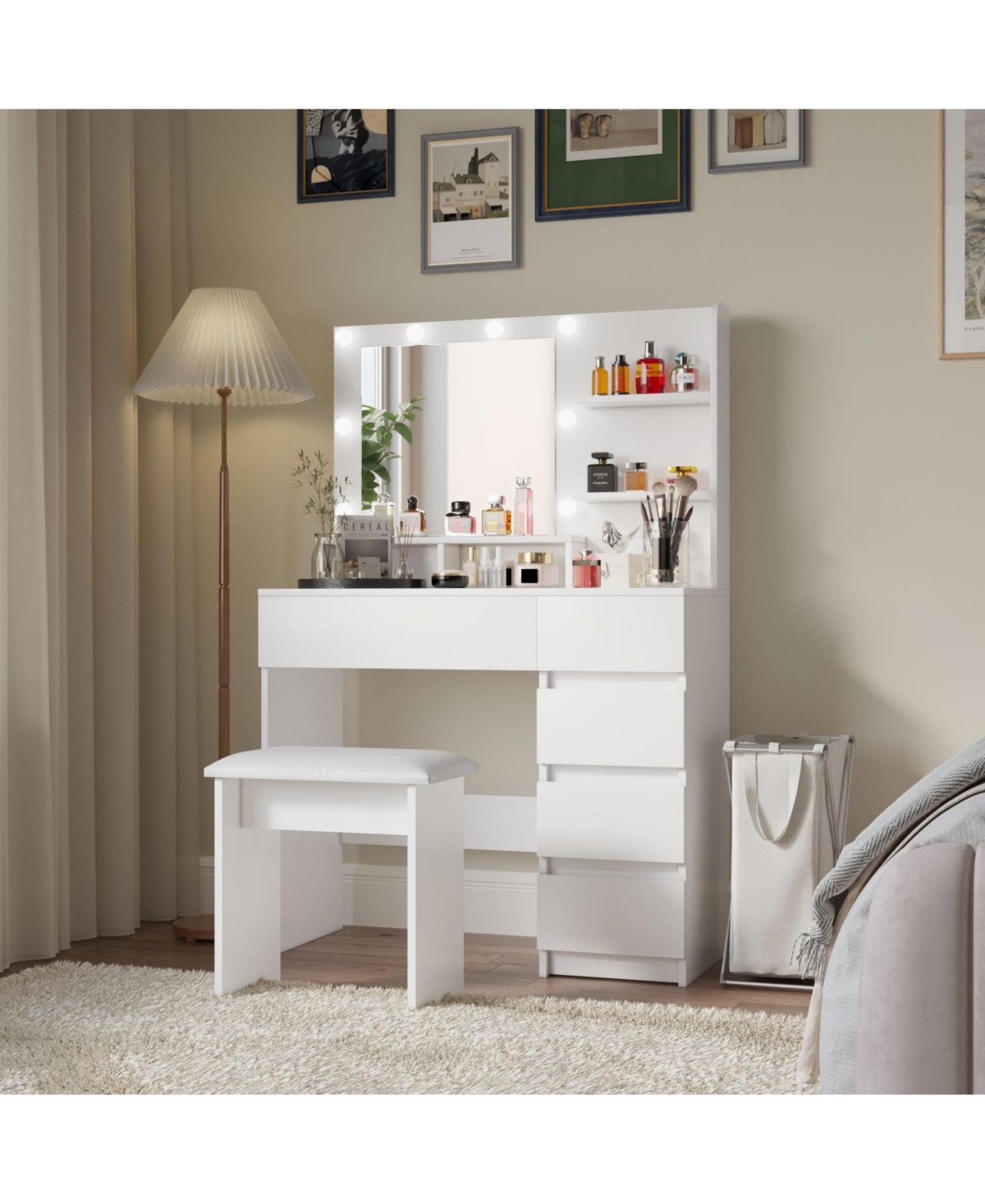 Streamdale Furniture Vanity Desk with Mirror, Storage, Power Strip & Lighting