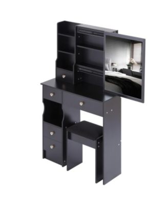 Slim Vanity with XL Sliding Mirror, Multi-Layer Storage, Cushioned Stool