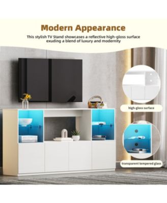 High Gloss TV Stand with LED Lights, Large Storage & Tempered Glass Shelves (Black, 67"Wx13.7"D)