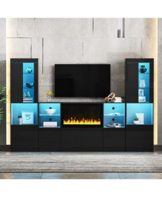 Modern TV Stand with Non-Heating Electric Fireplace, LED Lights, and Tempered Glass Shelves for up to 75" TVs