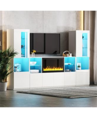 Modern TV Stand with Non-Heating Electric Fireplace, LED Lights, and Tempered Glass Shelves for up to 75" TVs