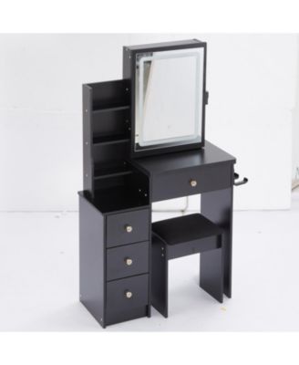 Multifunctional Bedside Vanity Table with - LED Mirror- Power Station- Hair Dryer Bracket- Cushioned Stool- Tri-Color Lighting