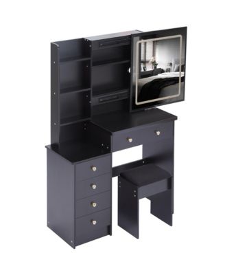 Vanity Table Set with Sliding Mirror, 2 AC+2 USB, Hair Dryer Stand