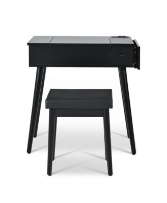28" Black Vanity Desk with Flip-Top Mirror, LED Light, Charging Station, Drawers, and Stool