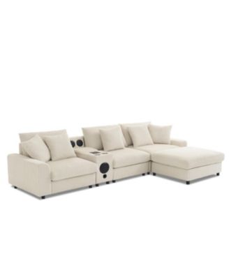 Streamdale Corduroy Sectional Sofa with Bluetooth, Console, USB Charger, Storage, Ottoman