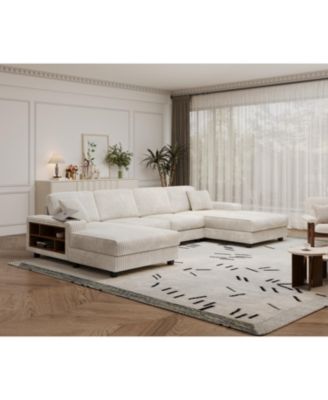 Streamdale Modern 4-Seat Convertible Sofa-Lounge Chair, U-Shape, Beige Corduroy Fabric