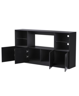High Gloss TV Stand with LED Lights, Large Storage & Tempered Glass Shelves (Black, 67"Wx13.7"D)