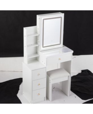 Streamdale Multifunctional Bedside Vanity Table with - LED Mirror - Power Station - Hair Dryer Bracket - Cushioned Stool