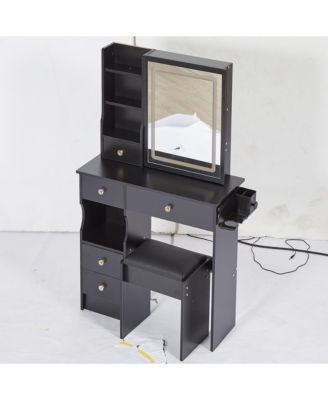 Vanity Table with Power Station, LED Mirror, & Cushioned Stool