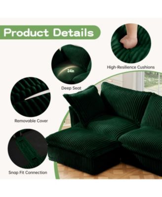 Green Corduroy 3-Seat Sofa with Ottomans