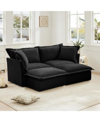 Black Chenille 2-Seater Sofa with Ottomans