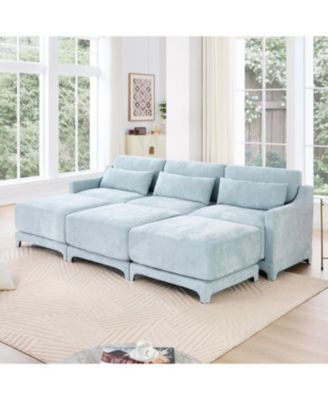 Sky Blue Chenille 3-Seater Sofa with Ottomans