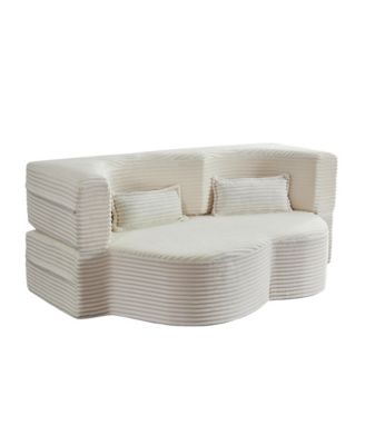 Convertible Corduroy Floor Sofa Bed with Pillows - Beige