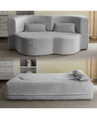  Convertible Corduroy Floor Sofa Bed with Pillows - Light Grey
