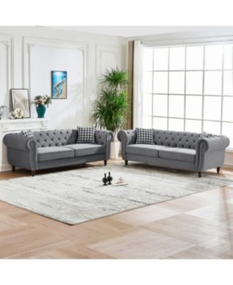  Chesterfield Velvet Sofa Set, Roll Arm, Nailhead Trim, Mid-Century Modern, Gray