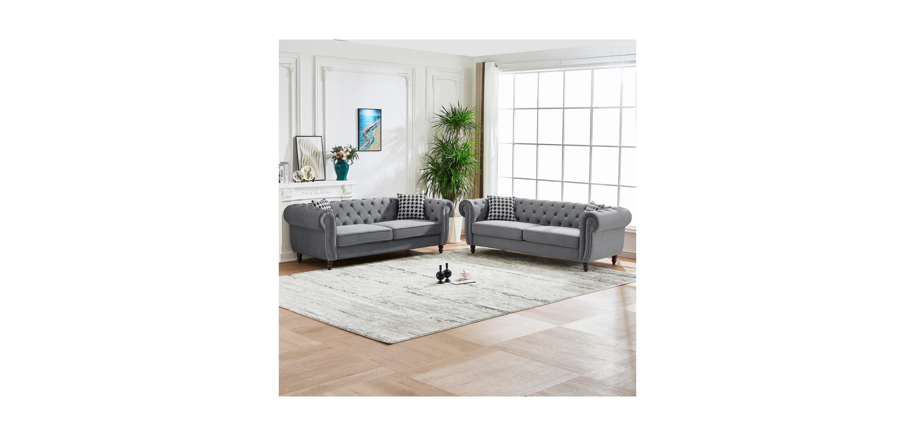 Streamdale Furniture Chesterfield Velvet Sofa Set, Roll Arm, Nailhead Trim, Mid-Century Modern, Gray