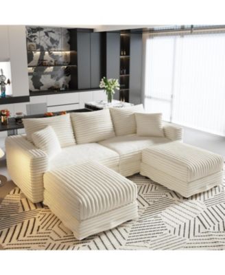 Plush Corduroy 3-Seat Sofa with Ottomans